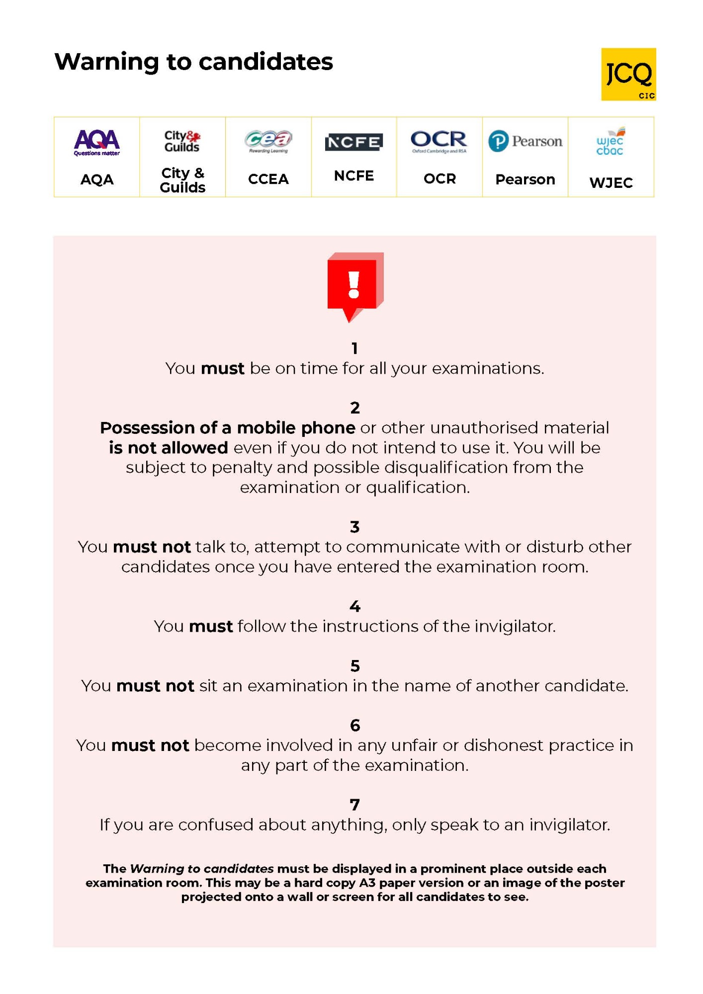 exam warning to candidates