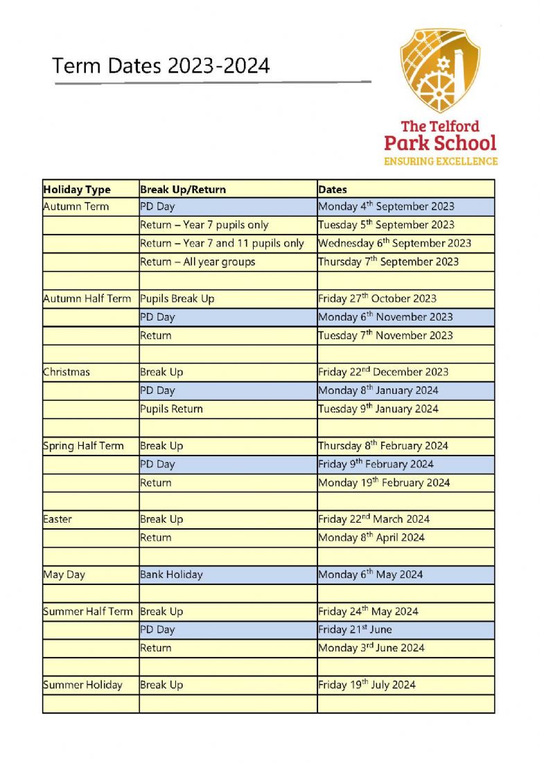 Telford Park School Term Dates